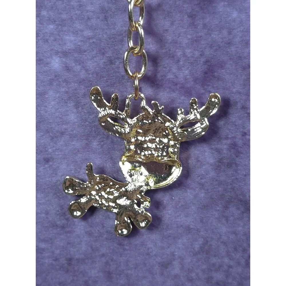 Sparkling Rhinestone Reindeer Keychain Gold Tone Christmas Gift Accessory